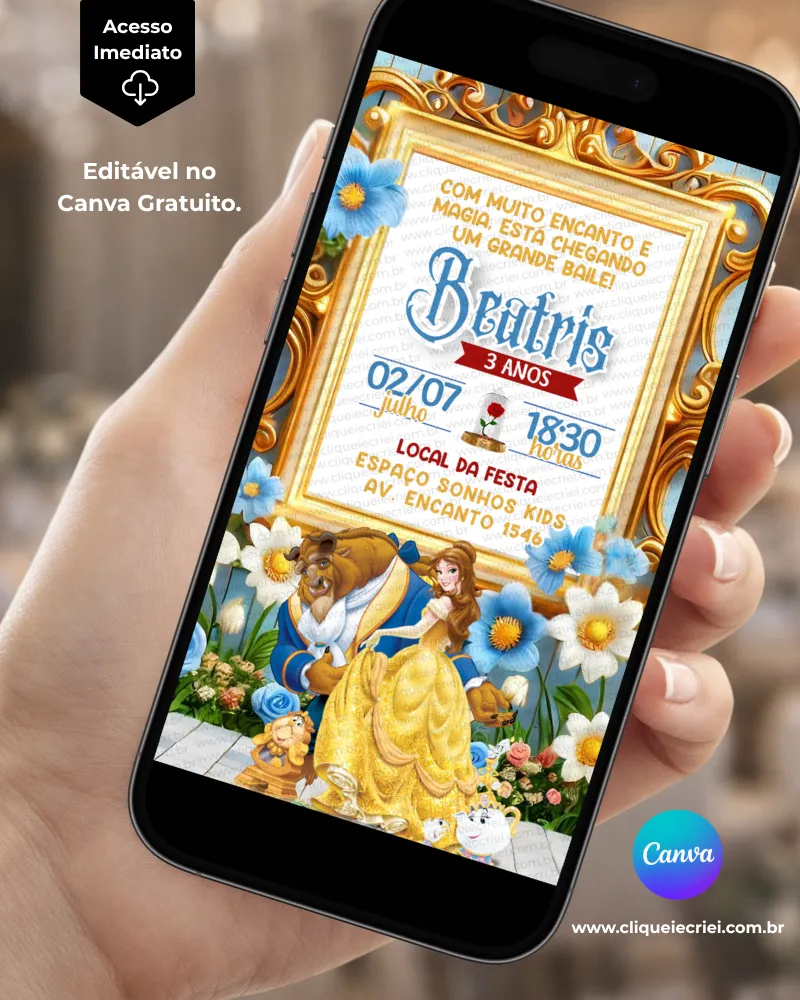 Convite A Bela e a Fera editável no Canva com moldura dourada ornamentada, flores azuis e brancas, personagens Bela e Fera na parte inferior.