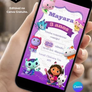 Convite A Casa Mágica da Gabby editável no Canva com fundo roxo e rosa, personagens e elementos do universo da série.