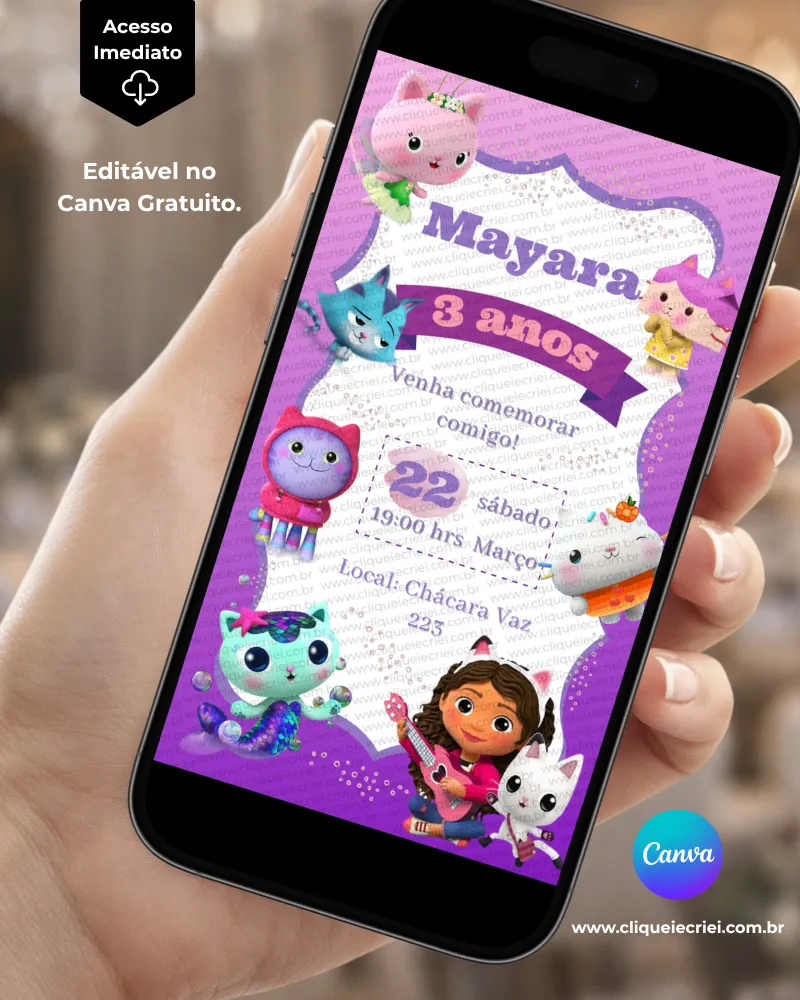 Convite A Casa Mágica da Gabby editável no Canva com fundo roxo e rosa, personagens e elementos do universo da série.