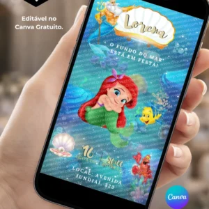 Convite A Pequena Sereia editável no Canva gratuito com fundo azul e elementos do fundo do mar, Ariel no centro, Rei Tritão na parte superior, Linguado ao lado da personagem e Sebastião na parte inferior, além de conchas e detalhes marinhos.