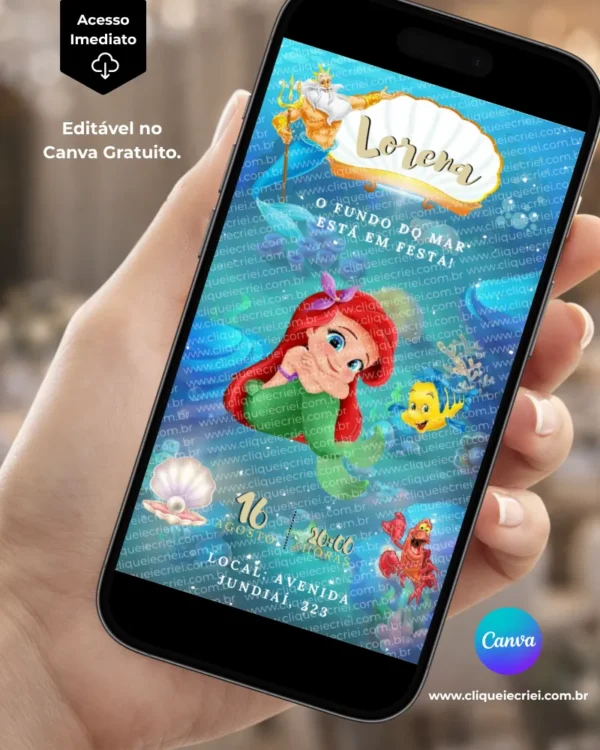 Convite A Pequena Sereia editável no Canva gratuito com fundo azul e elementos do fundo do mar, Ariel no centro, Rei Tritão na parte superior, Linguado ao lado da personagem e Sebastião na parte inferior, além de conchas e detalhes marinhos.