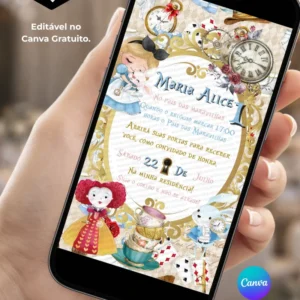 Convite Alice no País das Maravilhas editável no Canva com moldura dourada, fundo em tons de bege e branco, elementos de relógios, cartas de baralho, flores e xícaras, além de personagens do tema.