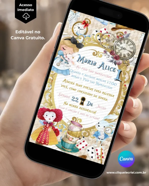 Convite Alice no País das Maravilhas editável no Canva com moldura dourada, fundo em tons de bege e branco, elementos de relógios, cartas de baralho, flores e xícaras, além de personagens do tema.