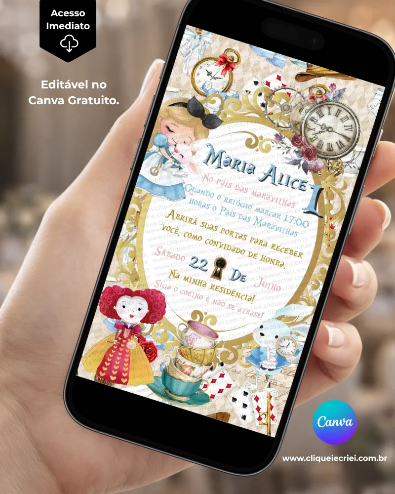Convite Alice no País das Maravilhas editável no Canva com moldura dourada, fundo em tons de bege e branco, elementos de relógios, cartas de baralho, flores e xícaras, além de personagens do tema.
