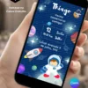 Convite Astronauta editável no Canva com fundo azul-escuro inspirado no espaço, estrelas, planetas, foguete, astronautas e elementos espaciais.