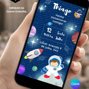 Convite Astronauta editável no Canva com fundo azul-escuro inspirado no espaço, estrelas, planetas, foguete, astronautas e elementos espaciais.