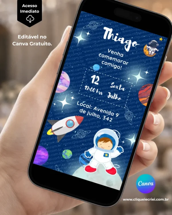 Convite Astronauta editável no Canva com fundo azul-escuro inspirado no espaço, estrelas, planetas, foguete, astronautas e elementos espaciais.