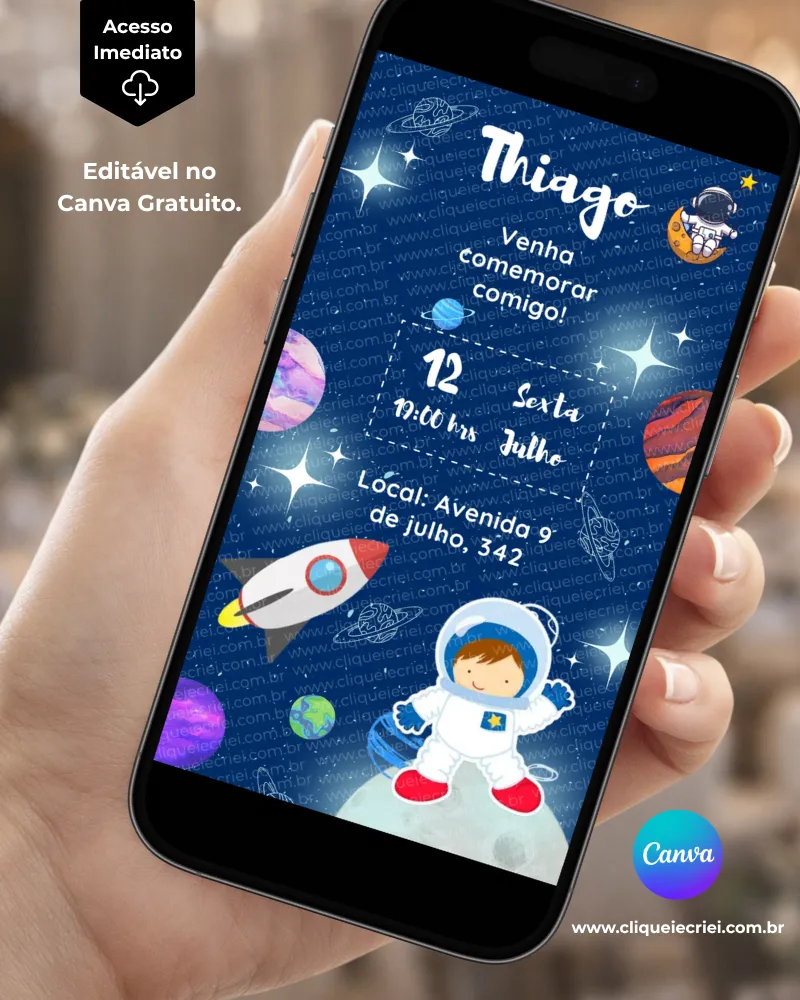 Convite Astronauta editável no Canva com fundo azul-escuro inspirado no espaço, estrelas, planetas, foguete, astronautas e elementos espaciais.