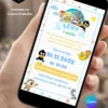 Convite Baby Looney Tunes editável no Canva com fundo branco, moldura azul, detalhes coloridos e personagens Baby Looney Tunes, incluindo Pernalonga, Patolino, Piu-Piu, Frajola, Taz e outros.