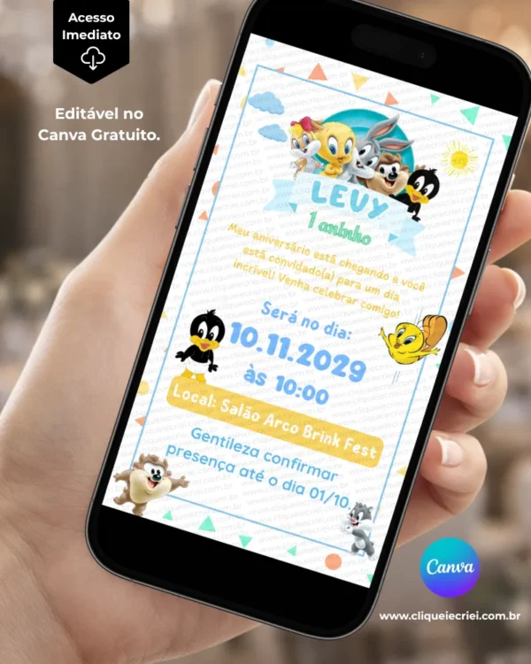 Convite Baby Looney Tunes editável no Canva com fundo branco, moldura azul, detalhes coloridos e personagens Baby Looney Tunes, incluindo Pernalonga, Patolino, Piu-Piu, Frajola, Taz e outros.