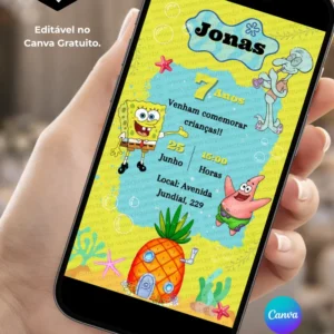 Convite Bob Esponja editável no Canva com fundo em tons de amarelo e azul, elementos do fundo do mar, bolhas, estrelas-do-mar e personagens Bob Esponja, Patrick e Lula Molusco.