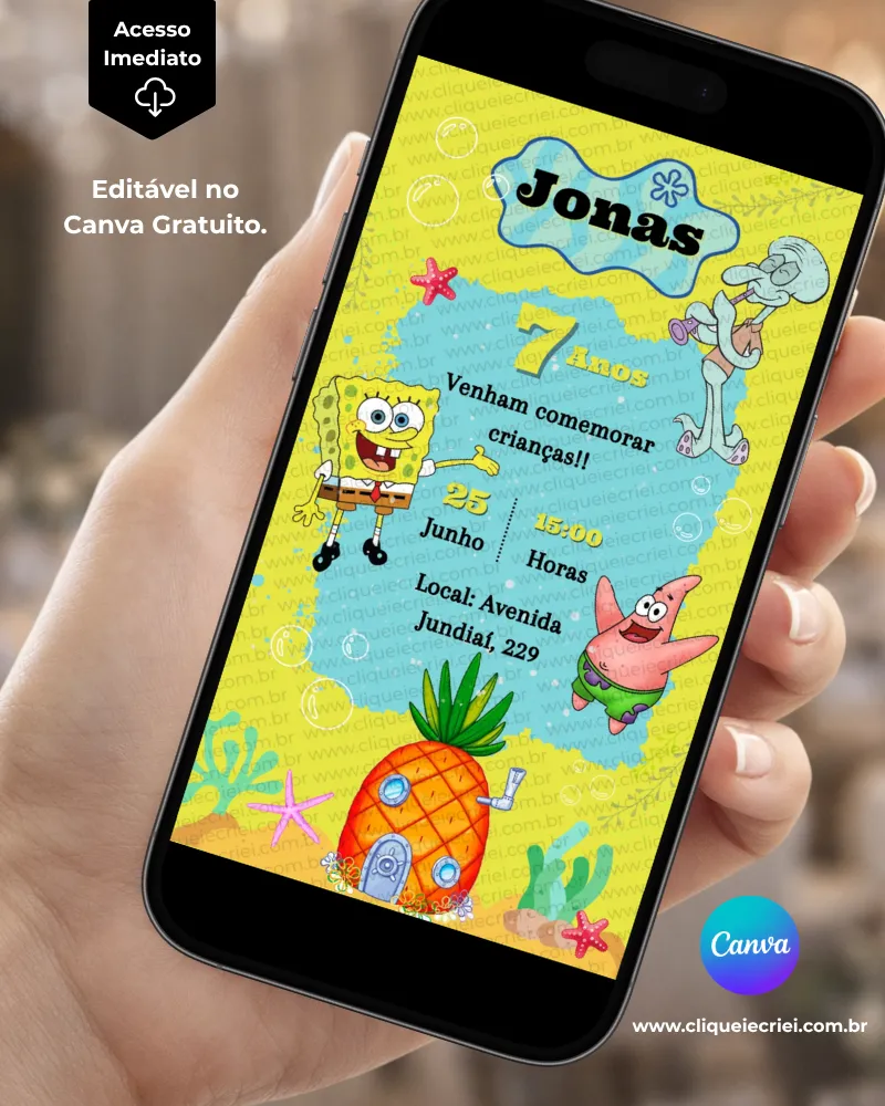 Convite Bob Esponja editável no Canva com fundo em tons de amarelo e azul, elementos do fundo do mar, bolhas, estrelas-do-mar e personagens Bob Esponja, Patrick e Lula Molusco.