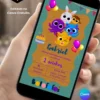 Convite Bolofofos editável no Canva com fundo verde-água e amarelo, personagens Bolofofos ao centro, balões coloridos, bandeirinhas e bolo de aniversário.
