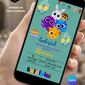 Convite Bolofofos para editar no Canva com fundo verde-água, personagens coloridos dos Bolofofos, balões, bandeirinhas e bolo de aniversário.