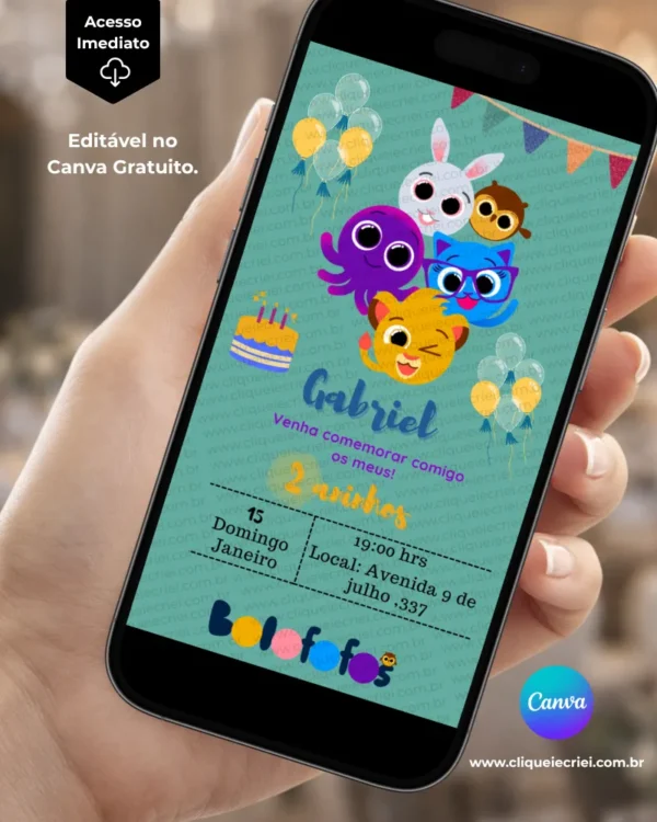 Convite Bolofofos para editar no Canva com fundo verde-água, personagens coloridos dos Bolofofos, balões, bandeirinhas e bolo de aniversário.