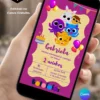 Convite Bolofofos para editar no Canva gratuito com fundo rosa e roxo, moldura decorativa, personagens Bolofofos ao centro, balões coloridos, bandeirinhas e bolo de aniversário.