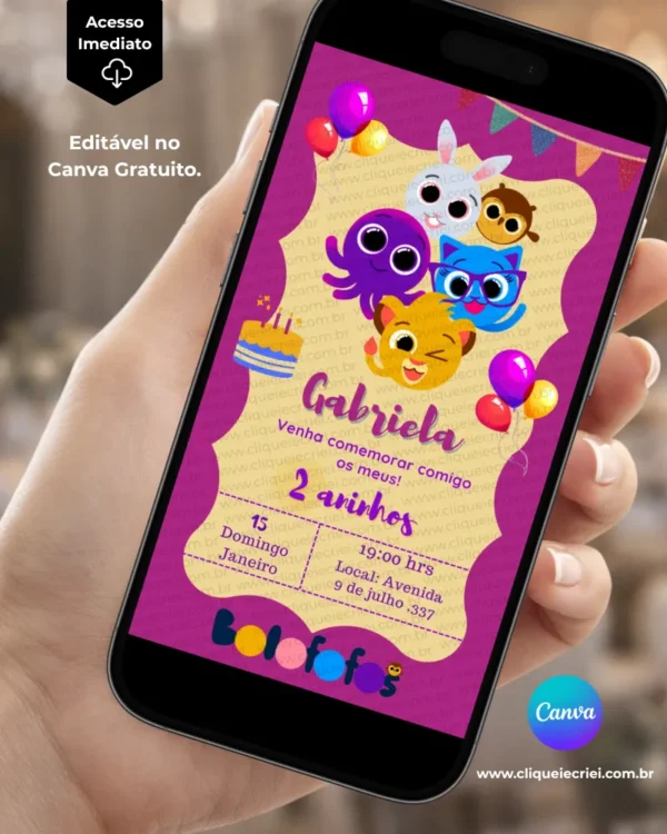 Convite Bolofofos para editar no Canva gratuito com fundo rosa e roxo, moldura decorativa, personagens Bolofofos ao centro, balões coloridos, bandeirinhas e bolo de aniversário.