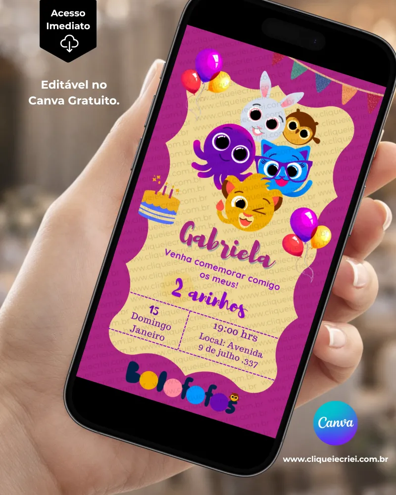 Convite Bolofofos para editar no Canva gratuito com fundo rosa e roxo, moldura decorativa, personagens Bolofofos ao centro, balões coloridos, bandeirinhas e bolo de aniversário.