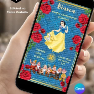 Convite Branca de Neve editável no Canva com fundo azul, moldura dourada, detalhes florais em vermelho, Branca de Neve ao centro e os sete anões na parte inferior.