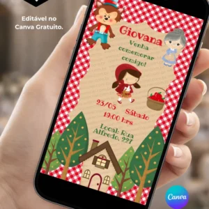 Convite Chapeuzinho Vermelho para editar no Canva com fundo xadrez vermelho e branco, ilustrações de personagens do tema, Chapeuzinho Vermelho, árvores, cesta de frutas e uma casinha na floresta.