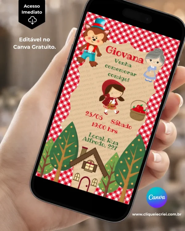 Convite Chapeuzinho Vermelho para editar no Canva com fundo xadrez vermelho e branco, ilustrações de personagens do tema, Chapeuzinho Vermelho, árvores, cesta de frutas e uma casinha na floresta.