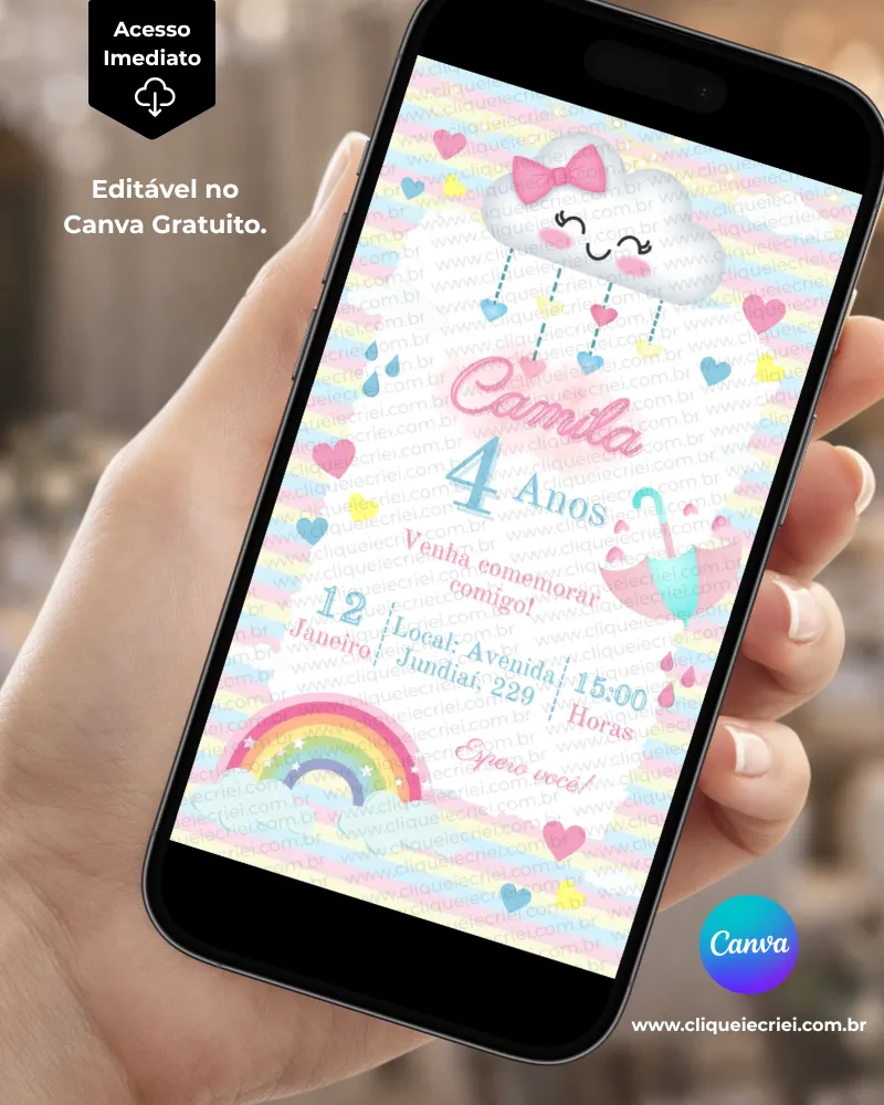 Convite Chuva de Amor para editar no Canva com fundo branco, nuvens, corações coloridos, gotas de chuva, arco-íris e detalhes em rosa, azul e amarelo.