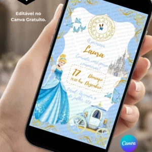 Convite Cinderela editável no Canva gratuito com fundo azul-claro e branco, moldura dourada, Cinderela em vestido azul, carruagem, castelo, relógio e pássaros.