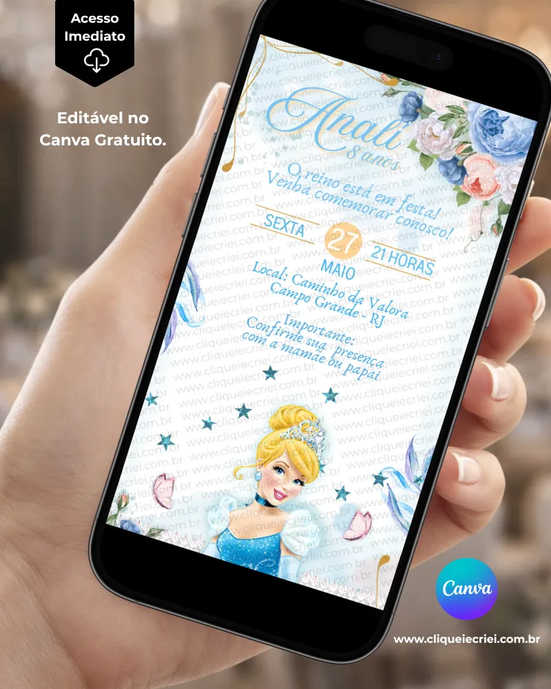 Convite Cinderela editável no Canva com fundo branco, flores em tons de azul e rosa, detalhes delicados, estrelas e a personagem Cinderela na parte inferior.