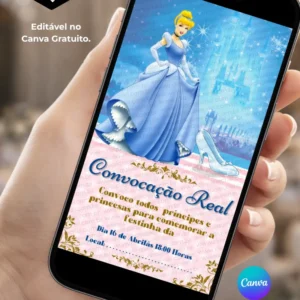 Convite Cinderela para editar no Canva com fundo azul e rosa, Cinderela em vestido azul ao centro, sapatinho de cristal, elementos de brilho e moldura decorativa dourada.