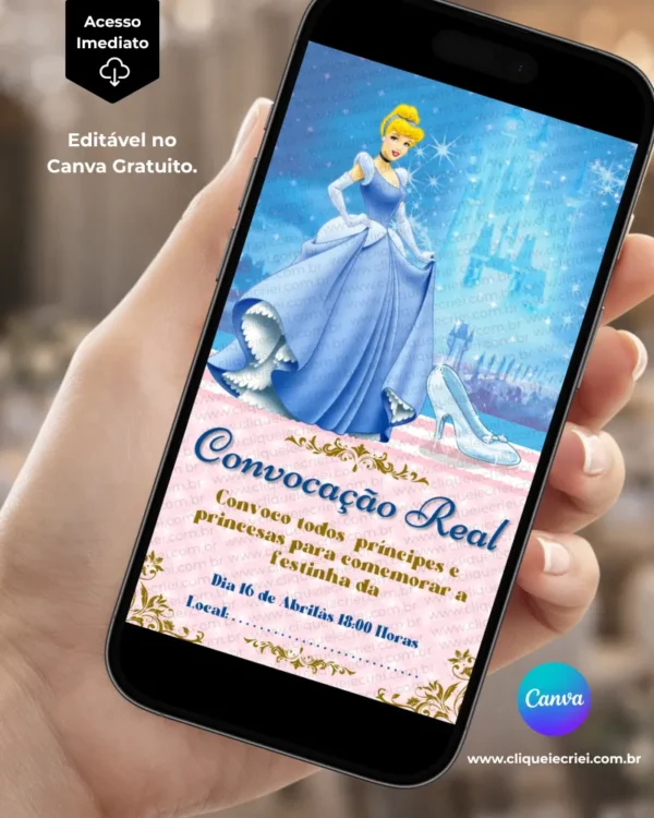 Convite Cinderela para editar no Canva com fundo azul e rosa, Cinderela em vestido azul ao centro, sapatinho de cristal, elementos de brilho e moldura decorativa dourada.