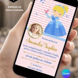 Convite Cinderela para editar no Canva gratuito com fundo rosa e branco, ilustração de Cinderela com vestido azul e sapatinho de cristal, detalhes dourados e espaço para foto.