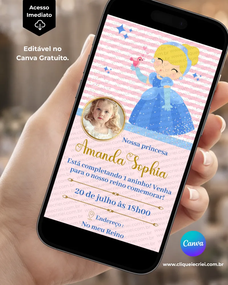 Convite Cinderela para editar no Canva gratuito com fundo rosa e branco, ilustração de Cinderela com vestido azul e sapatinho de cristal, detalhes dourados e espaço para foto.