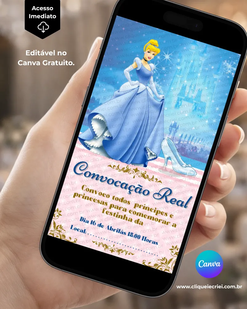 Convite Cinderela para editar no Canva com fundo azul e rosa, Cinderela em vestido azul ao centro, sapatinho de cristal, elementos de brilho e moldura decorativa dourada.