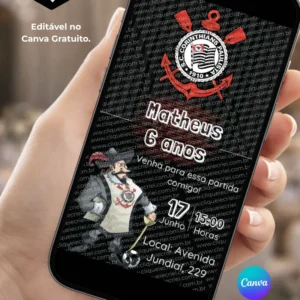 Convite Corinthians para editar no Canva com fundo preto, detalhes em vermelho e branco, escudo do Corinthians na parte superior e ilustração de um personagem com uniforme do time na parte inferior.