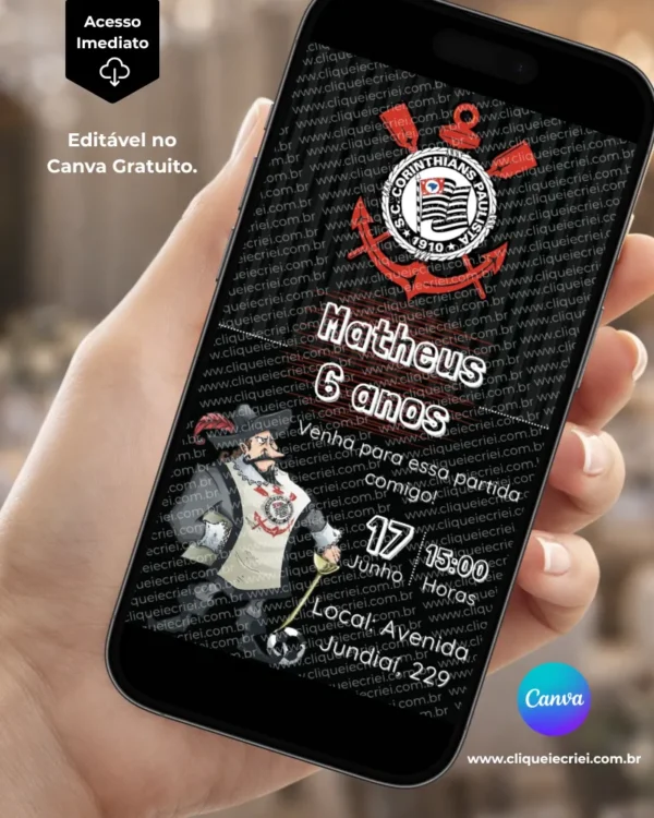 Convite Corinthians para editar no Canva com fundo preto, detalhes em vermelho e branco, escudo do Corinthians na parte superior e ilustração de um personagem com uniforme do time na parte inferior.