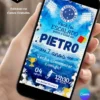 Convite Cruzeiro editável no Canva com escudo do Cruzeiro Esporte Clube, fundo azul e branco, elementos de futebol.