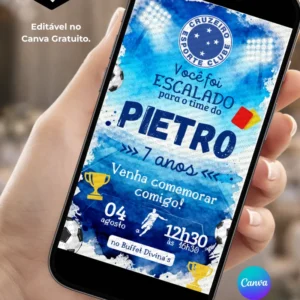 Convite Cruzeiro editável no Canva com escudo do Cruzeiro Esporte Clube, fundo azul e branco, elementos de futebol.