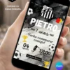 Convite digital Santos editável no Canva gratuito com fundo preto, branco e cinza, escudo do Santos Futebol Clube, elementos de futebol.