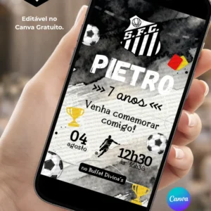 Convite digital Santos editável no Canva gratuito com fundo preto, branco e cinza, escudo do Santos Futebol Clube, elementos de futebol.