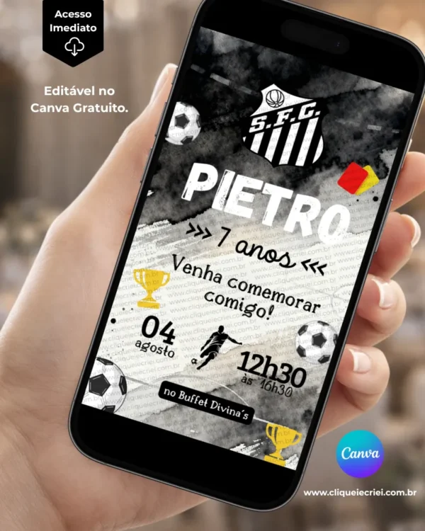 Convite digital Santos editável no Canva gratuito com fundo preto, branco e cinza, escudo do Santos Futebol Clube, elementos de futebol.