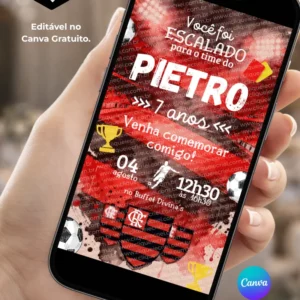 Convite Flamengo editável no Canva com fundo vermelho e preto, elementos de futebol, troféus, bolas e detalhes esportivos.
