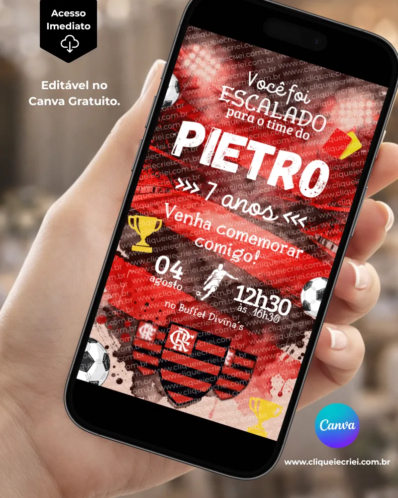 Convite Flamengo editável no Canva com fundo vermelho e preto, elementos de futebol, troféus, bolas e detalhes esportivos.