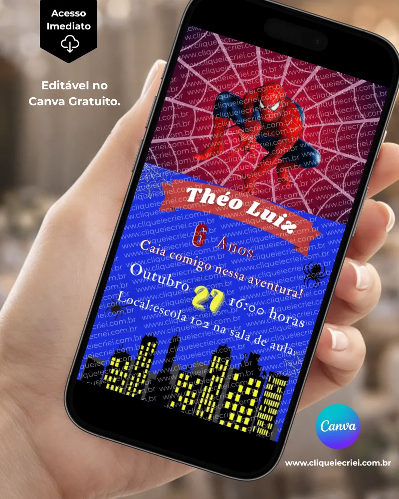 Convite Homem Aranha editável no Canva com fundo vermelho e azul, imagem do Homem-Aranha na parte superior, teias de aranha, prédios em silhueta na parte inferior e elementos inspirados em histórias em quadrinhos.