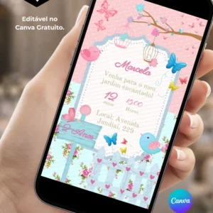 Convite Jardim Encantado Editável no Canva com fundo rosa, flores, borboletas coloridas, passarinhos, gaiola decorativa, árvores com flores e detalhes em azul.