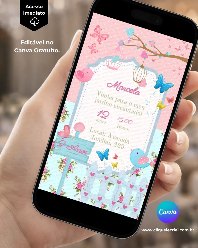 Convite Jardim Encantado Editável no Canva com fundo rosa, flores, borboletas coloridas, passarinhos, gaiola decorativa, árvores com flores e detalhes em azul.