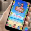 Convite Lilo e Stitch editável no Canva com fundo azul, flores tropicais coloridas, praia e elementos havaianos, com Lilo e Stitch na parte superior e outros personagens na parte inferior.