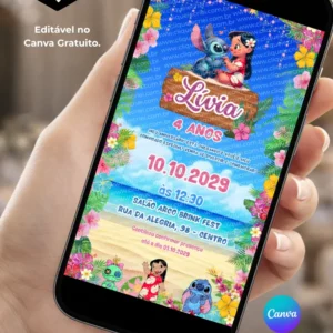Convite Lilo e Stitch editável no Canva com fundo azul, flores tropicais coloridas, praia e elementos havaianos, com Lilo e Stitch na parte superior e outros personagens na parte inferior.