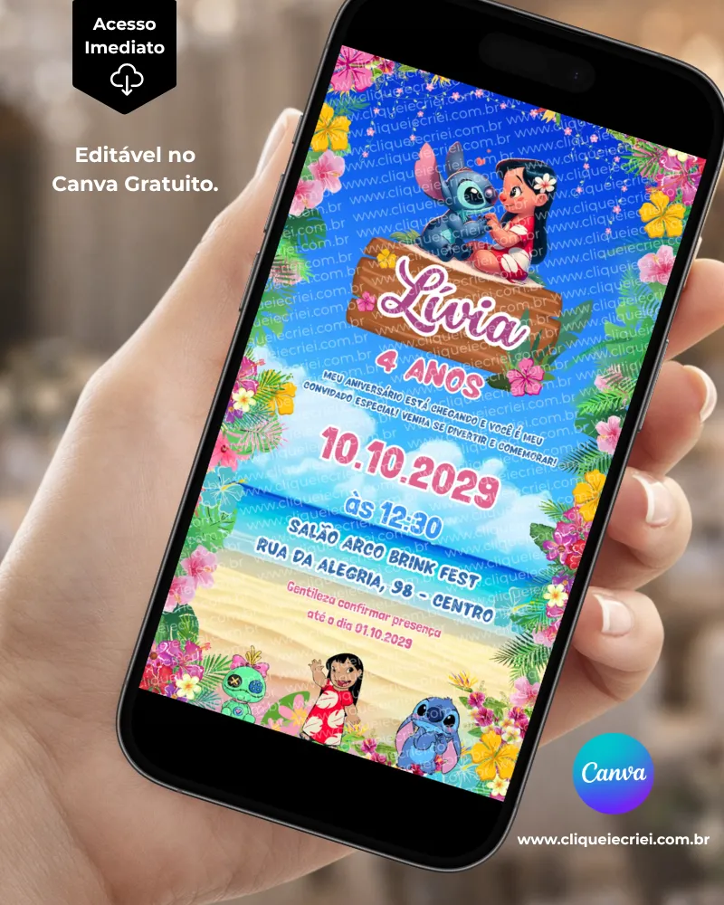 Convite Lilo e Stitch editável no Canva com fundo azul, flores tropicais coloridas, praia e elementos havaianos, com Lilo e Stitch na parte superior e outros personagens na parte inferior.