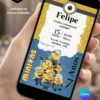 Convite Minions editável no Canva com fundo amarelo e azul, vários personagens Minions, detalhes de olhos e elementos do filme.
