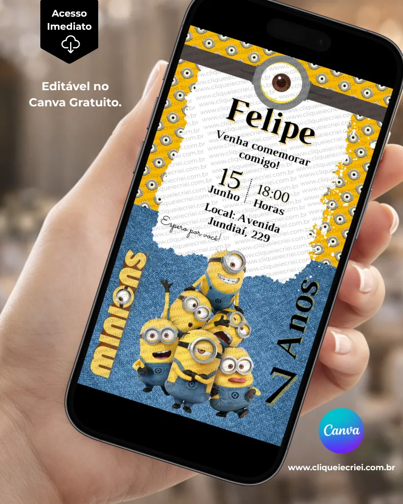 Convite Minions editável no Canva com fundo amarelo e azul, vários personagens Minions, detalhes de olhos e elementos do filme.